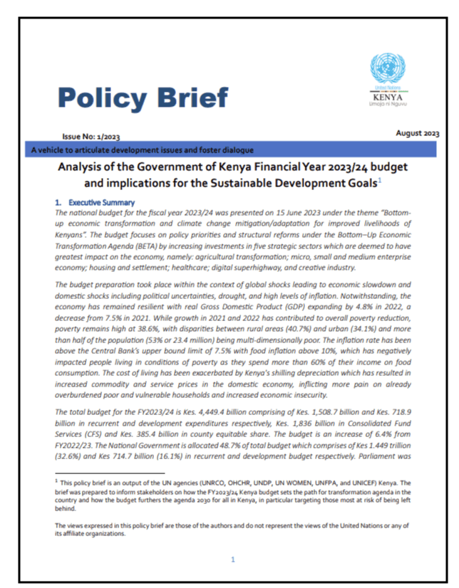 Analysis of the Government of Kenya Financial Year 2023/24 budget and implications for the Sustainable Development Goals